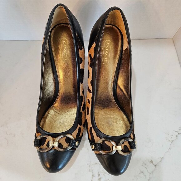 SOLD DO NOT BUY Calf Hair Black Leather Heels Sz 9.5 B Gold Detail Mob Wife - Picture 2 of 12